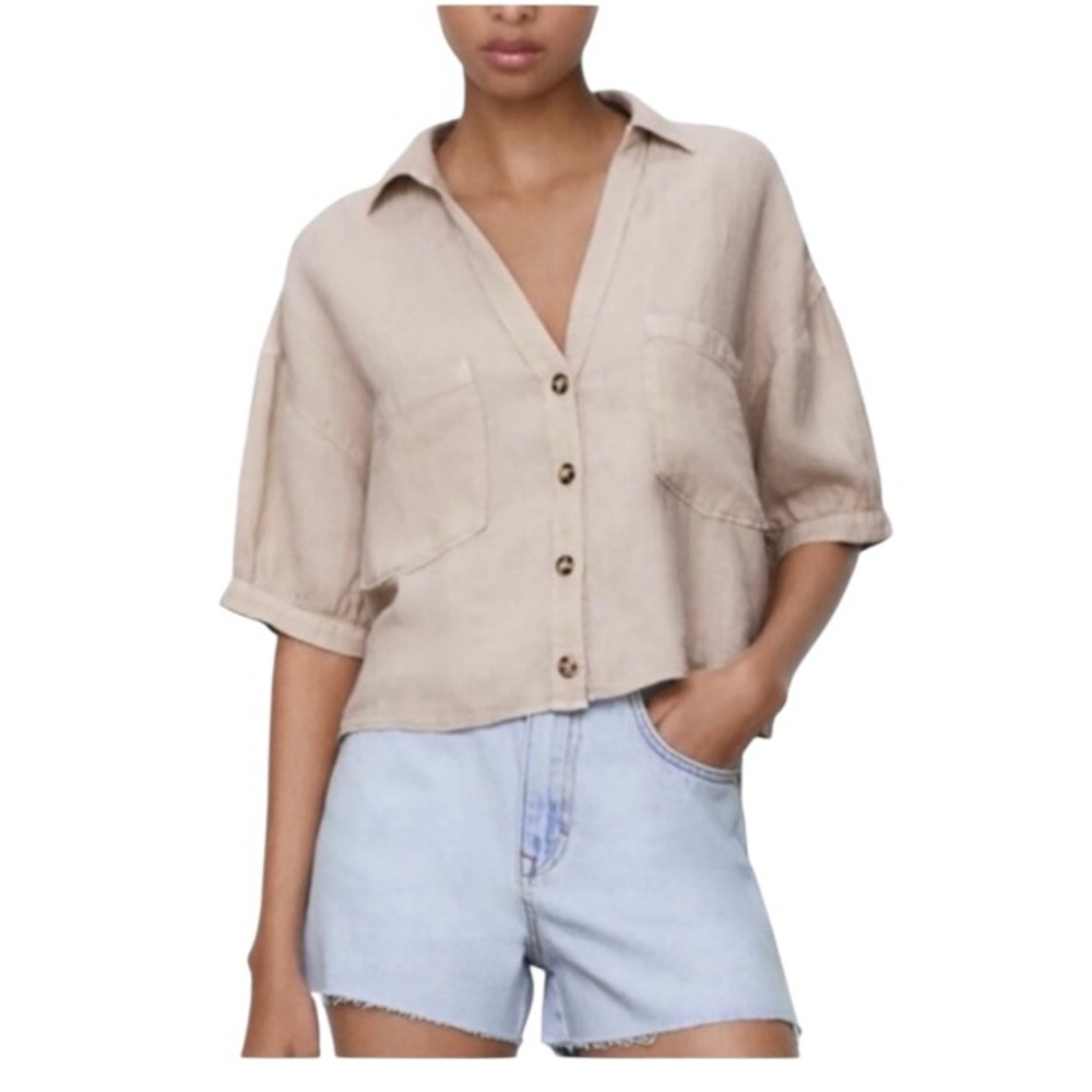 Zara Beige 100% Linen Shirt Cropped Button Front Top Short Sleeve Relaxed S